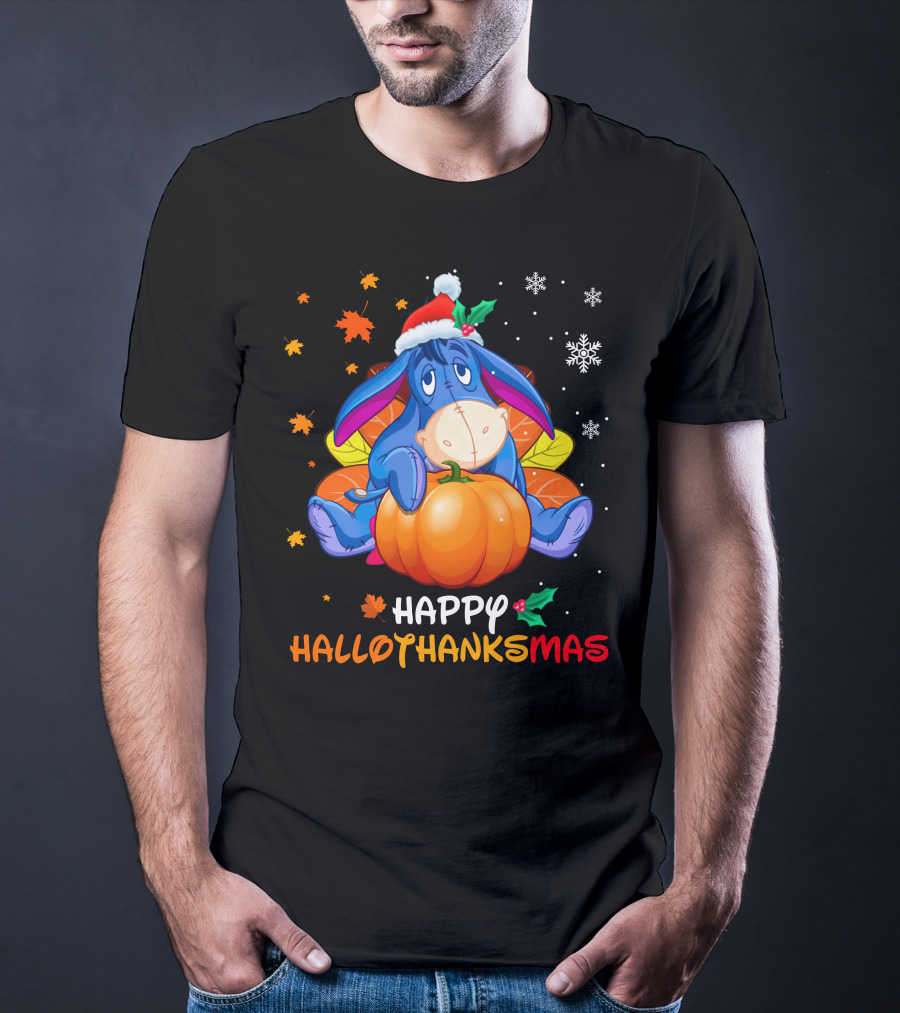 Happy Hallowthanksmas Eeyore Pumpkin Santa Hat Snowflakes Leaves Holiday T-Shirt