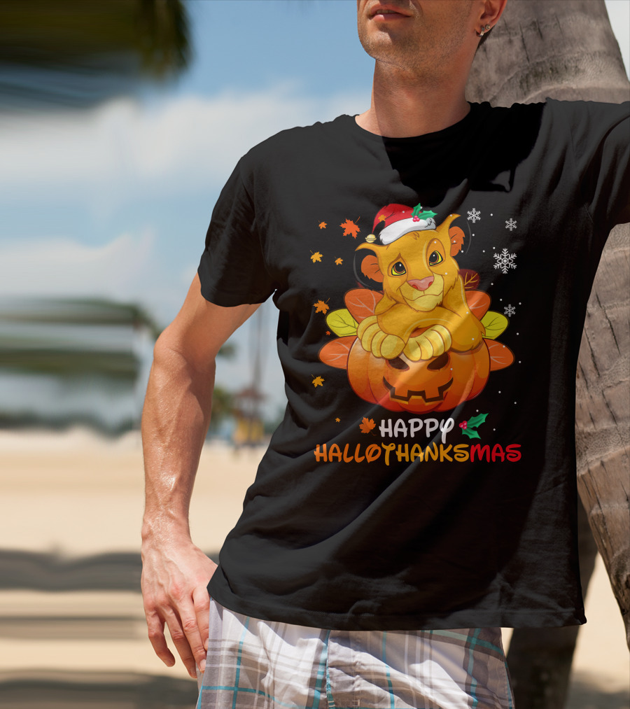 Happy Hallothanksmas Simba Pumpkin Santa Hat Snowflakes T-Shirt