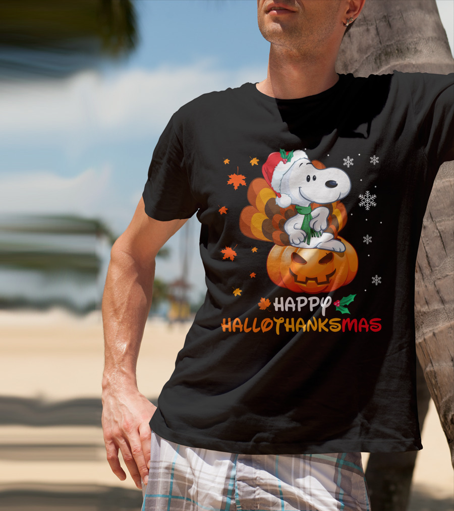 Snoopy Happy Hallothanksmas Pumpkin Snowflakes Santa Hat Scarf T-Shirt