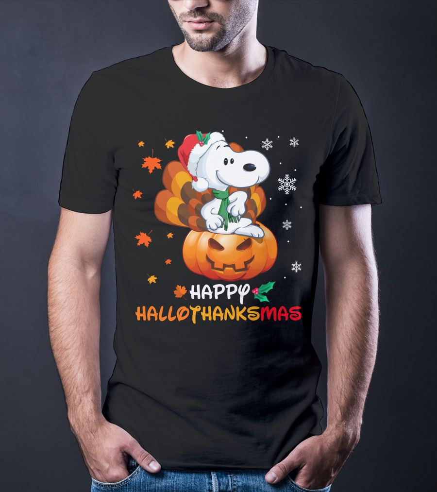 Snoopy Happy Hallothanksmas Pumpkin Snowflakes Santa Hat Scarf T-Shirt