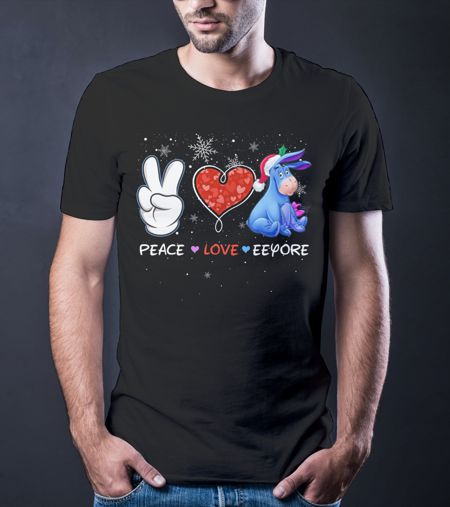 Peace Love Eeyore Santa Hat Winter Snowflakes T-Shirt