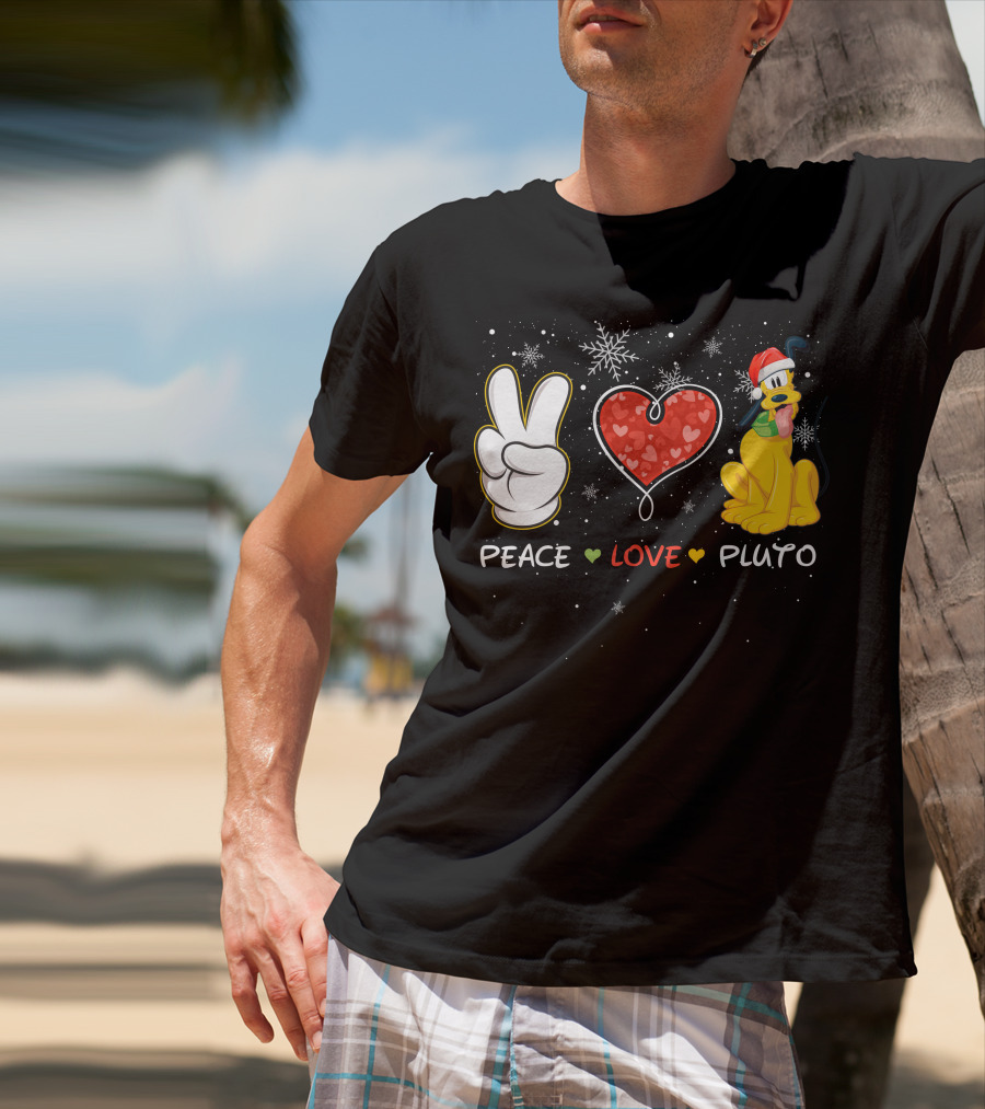 Peace Love Pluto Christmas Santa Hat Snowflakes T-Shirt