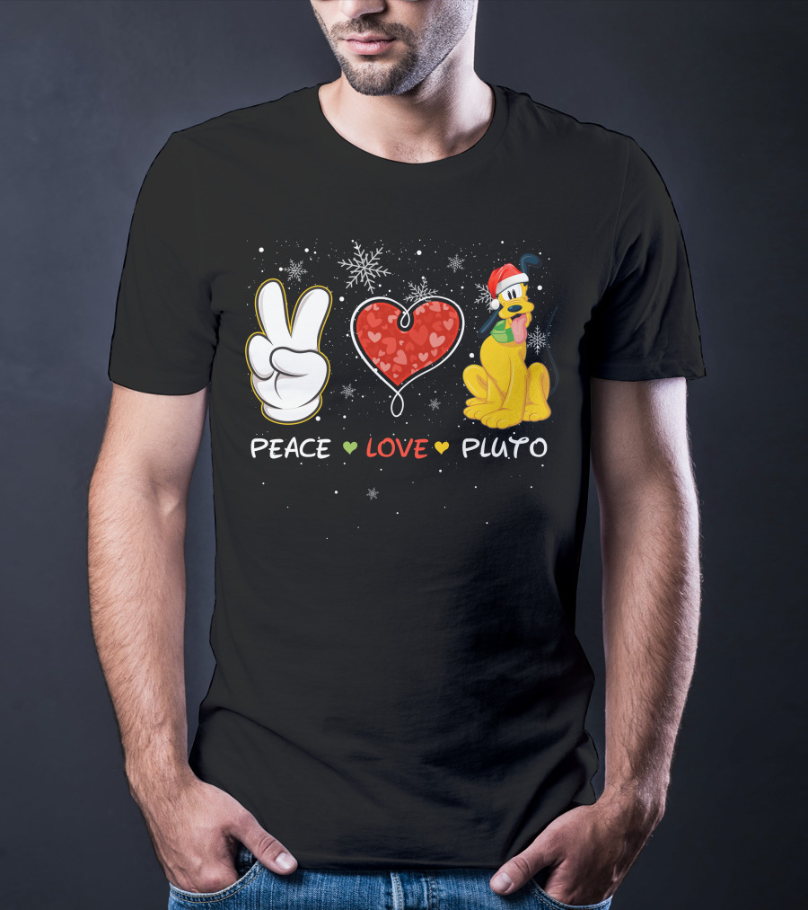 Peace Love Pluto Christmas Santa Hat Snowflakes T-Shirt
