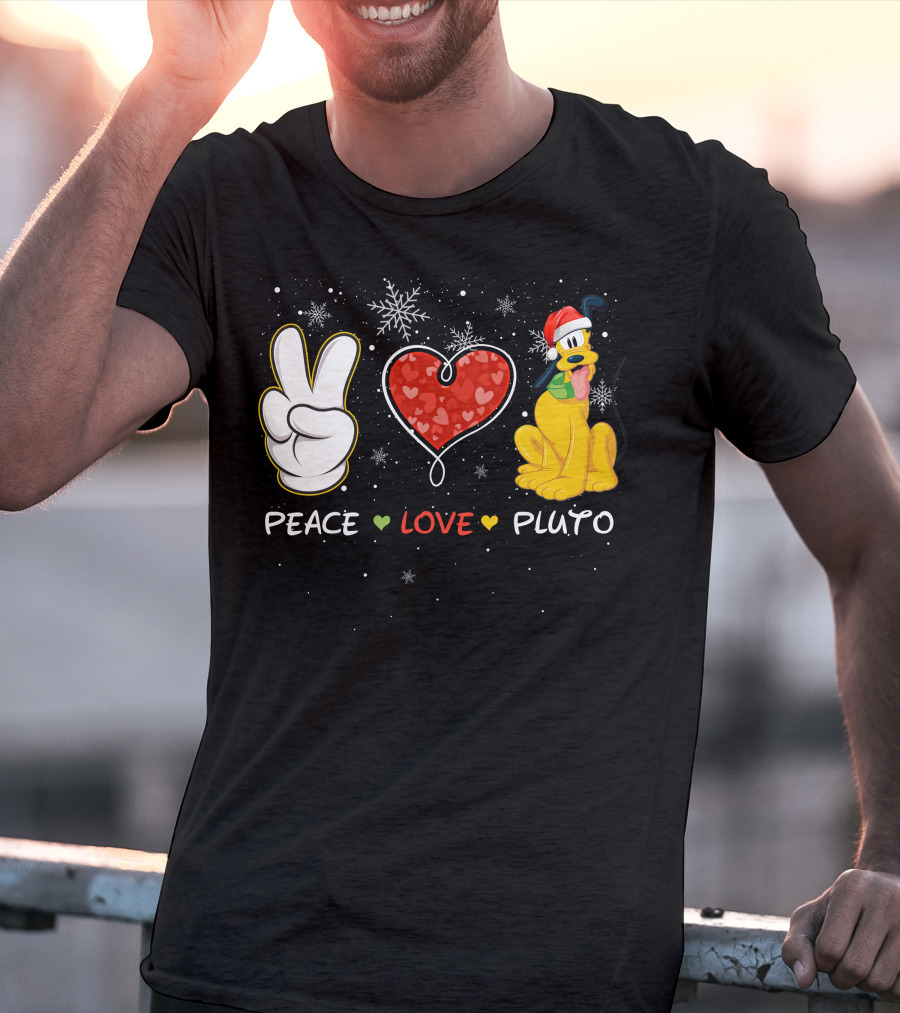 Peace Love Pluto Christmas Santa Hat Snowflakes T-Shirt