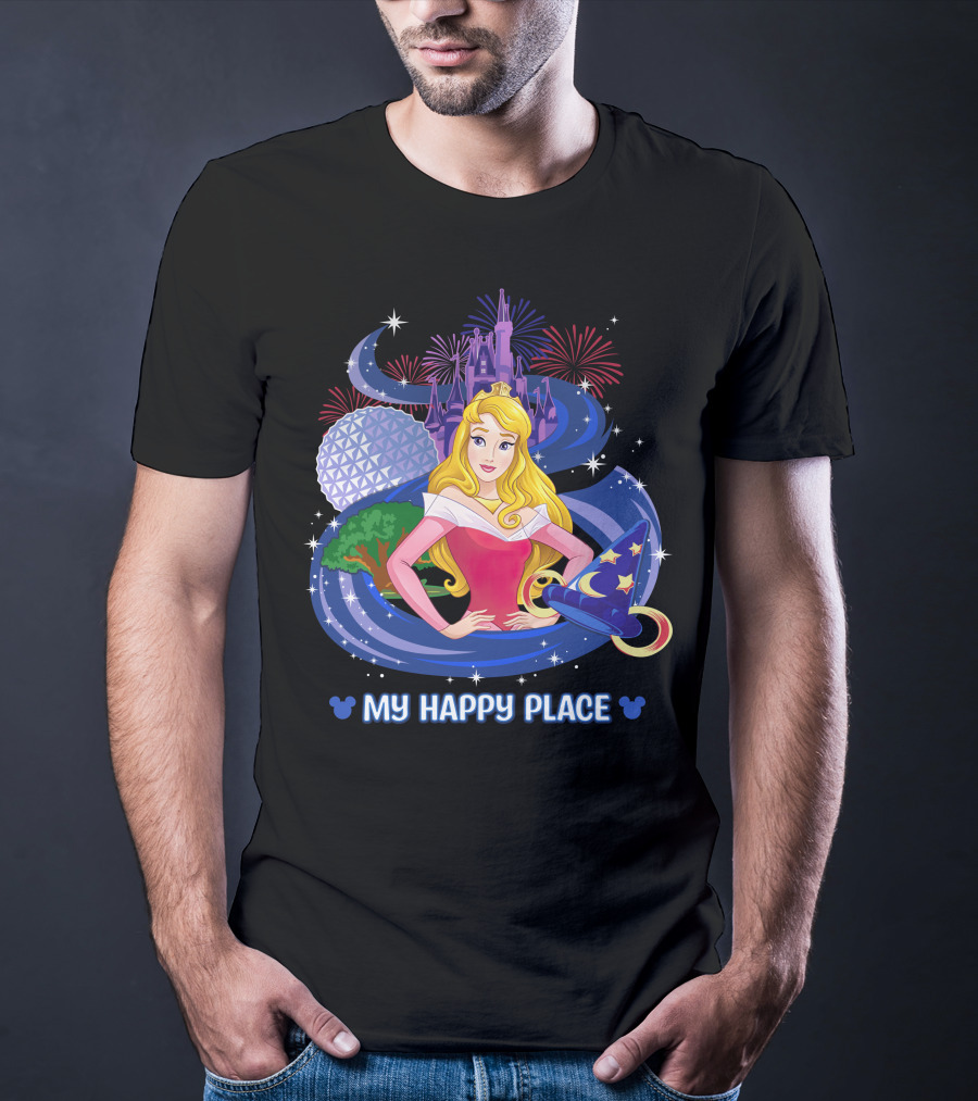 My Happy Place Aurora Disney Princess Epcot Castle Fireworks Sorcerer Hat T-Shirt
