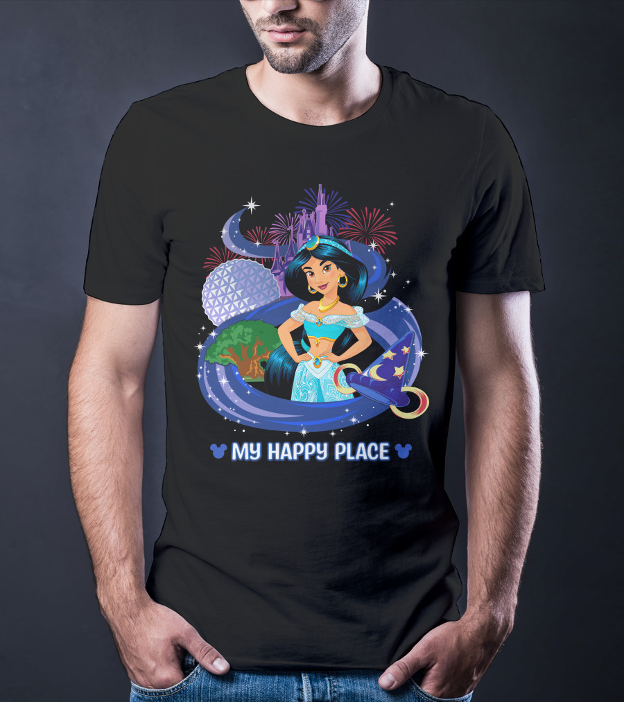 Jasmine My Happy Place Disney Princess Fireworks Magic Castle Mickey Epcot Disney World T-Shirt