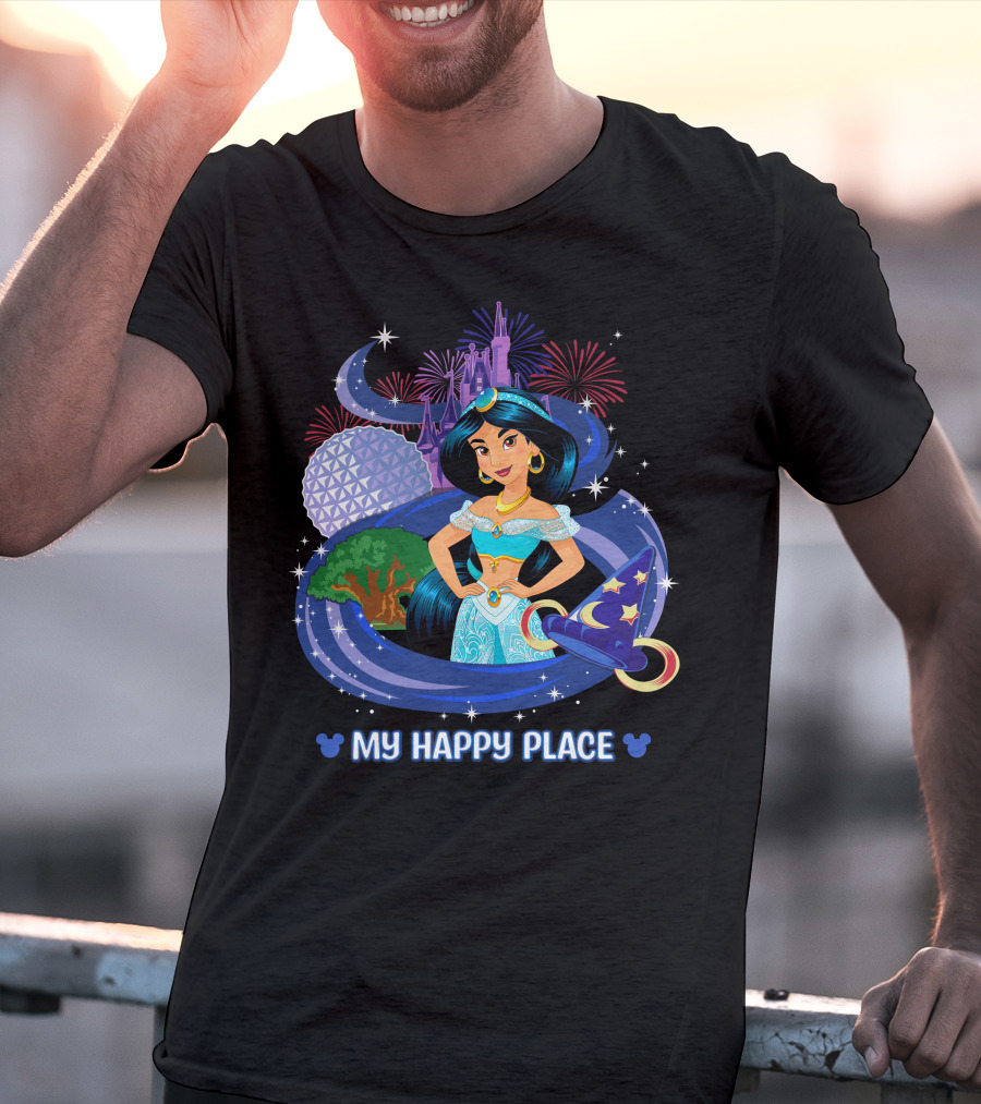Jasmine My Happy Place Disney Princess Fireworks Magic Castle Mickey Epcot Disney World T-Shirt