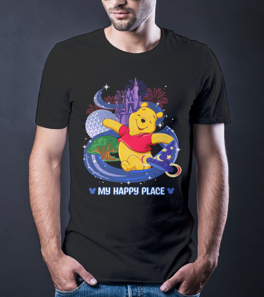 Pooh My Happy Place Disney Fireworks Castle Epcot Sorcerer's Hat T-Shirt
