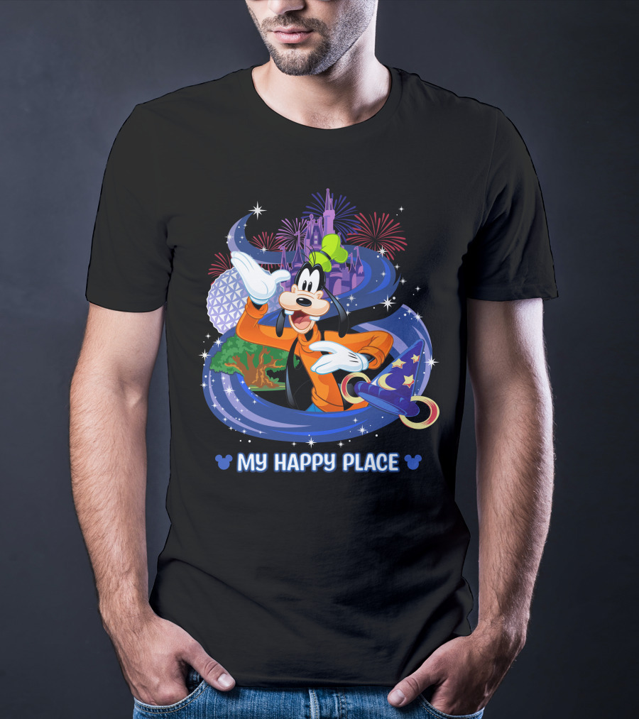 Goofy My Happy Place Disney Fireworks Epcot Sorcerer Mickey's Hat T-Shirt