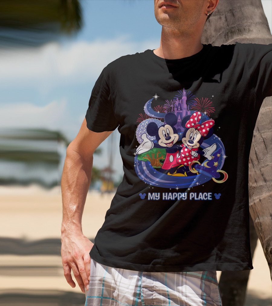 Mickey Minnie My Happy Place Disney Castle Fireworks T-Shirt