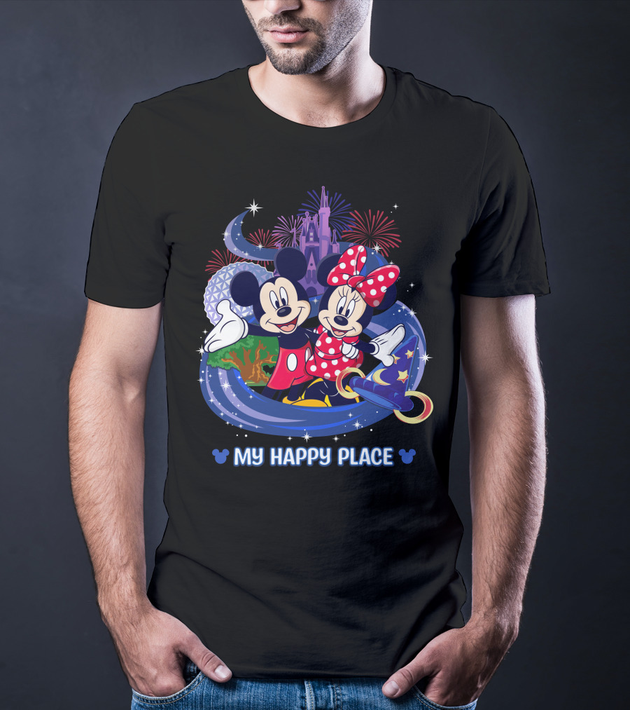 Mickey Minnie My Happy Place Disney Castle Fireworks T-Shirt