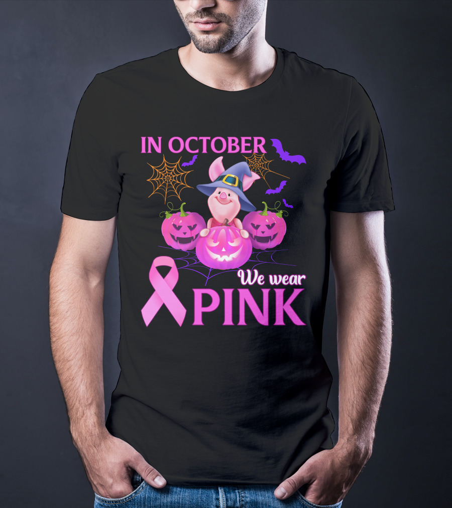 In October We Wear Pink Piglet Breast Cancer Awareness Halloween Pumpkins T-Shirt
