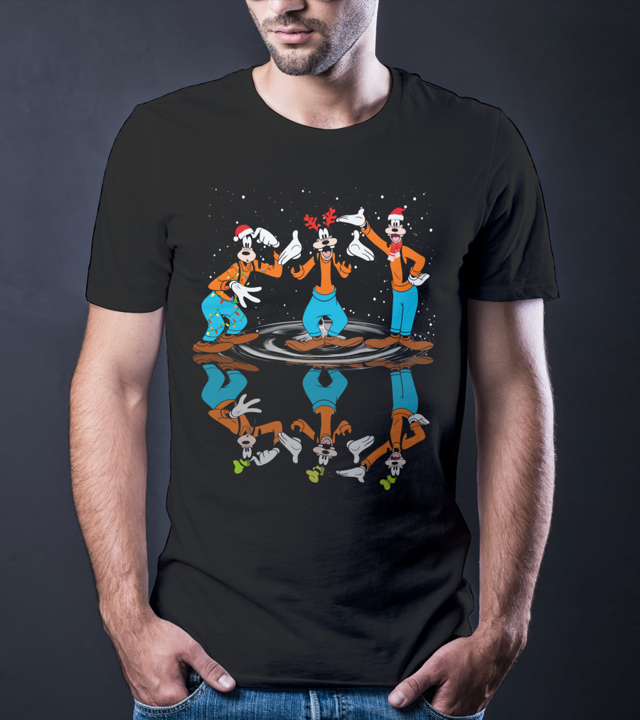 Goofy Christmas Reflection With Santa Hats And Antlers T-Shirt