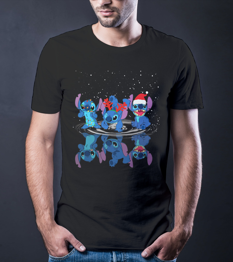 Stitch Christmas Reflections With Santa Hat And Reindeer Antlers T-Shirt