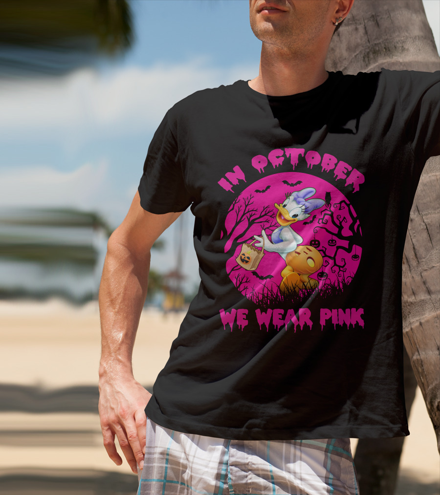 In October We Wear Pink Daisy Duck Halloween Theme T-Shirt