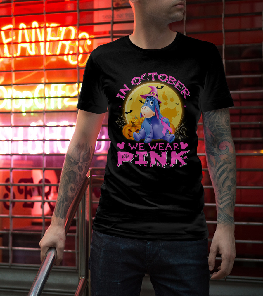 In October We Wear Pink Eeyore Halloween Ribbon And Pumpkins T-Shirt