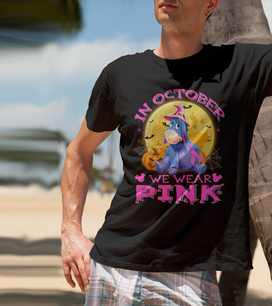 In October We Wear Pink Eeyore Halloween Ribbon And Pumpkins T-Shirt
