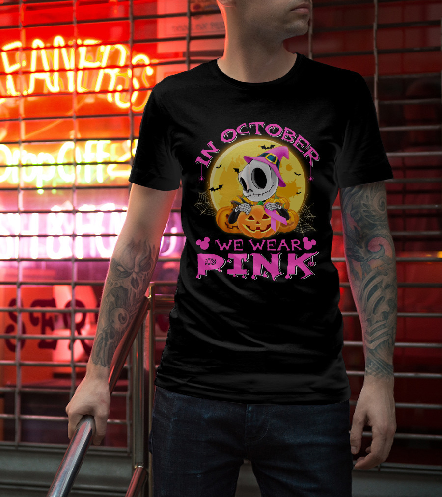 In October We Wear Pink Halloween Pumpkin Skeleton T-Shirt