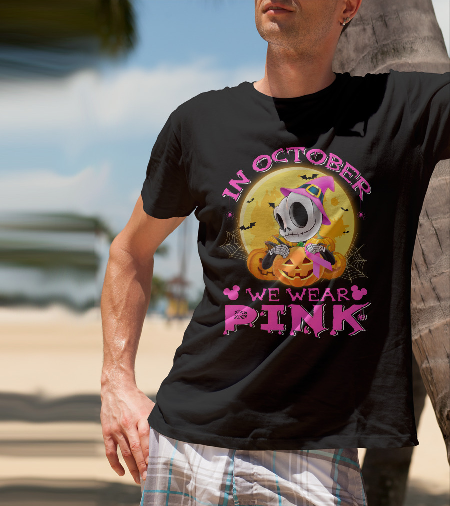 In October We Wear Pink Halloween Pumpkin Skeleton T-Shirt
