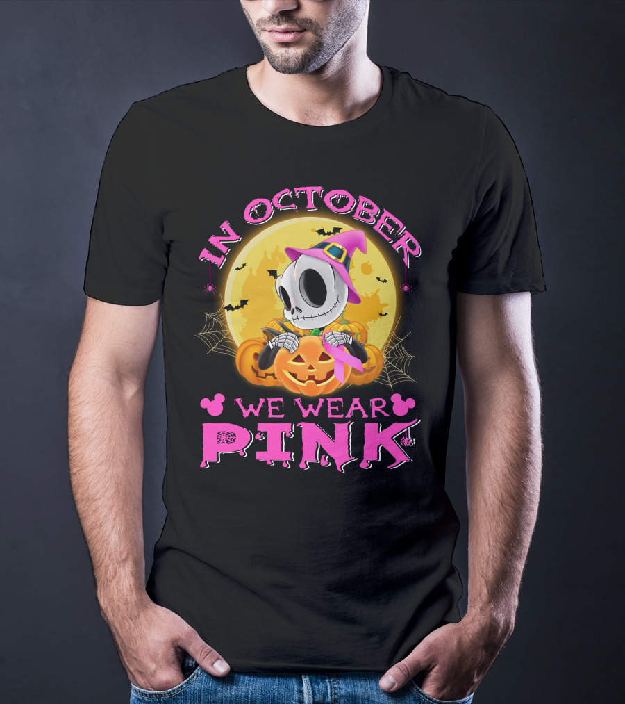 In October We Wear Pink Halloween Pumpkin Skeleton T-Shirt