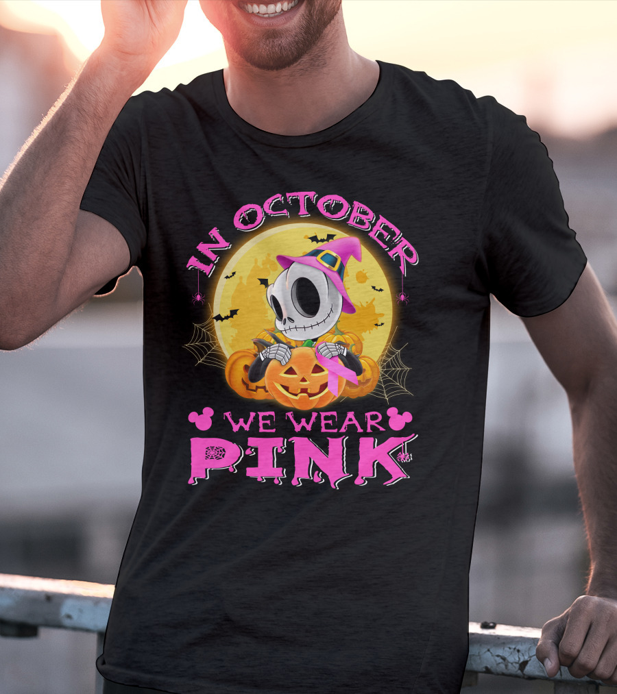 In October We Wear Pink Halloween Pumpkin Skeleton T-Shirt