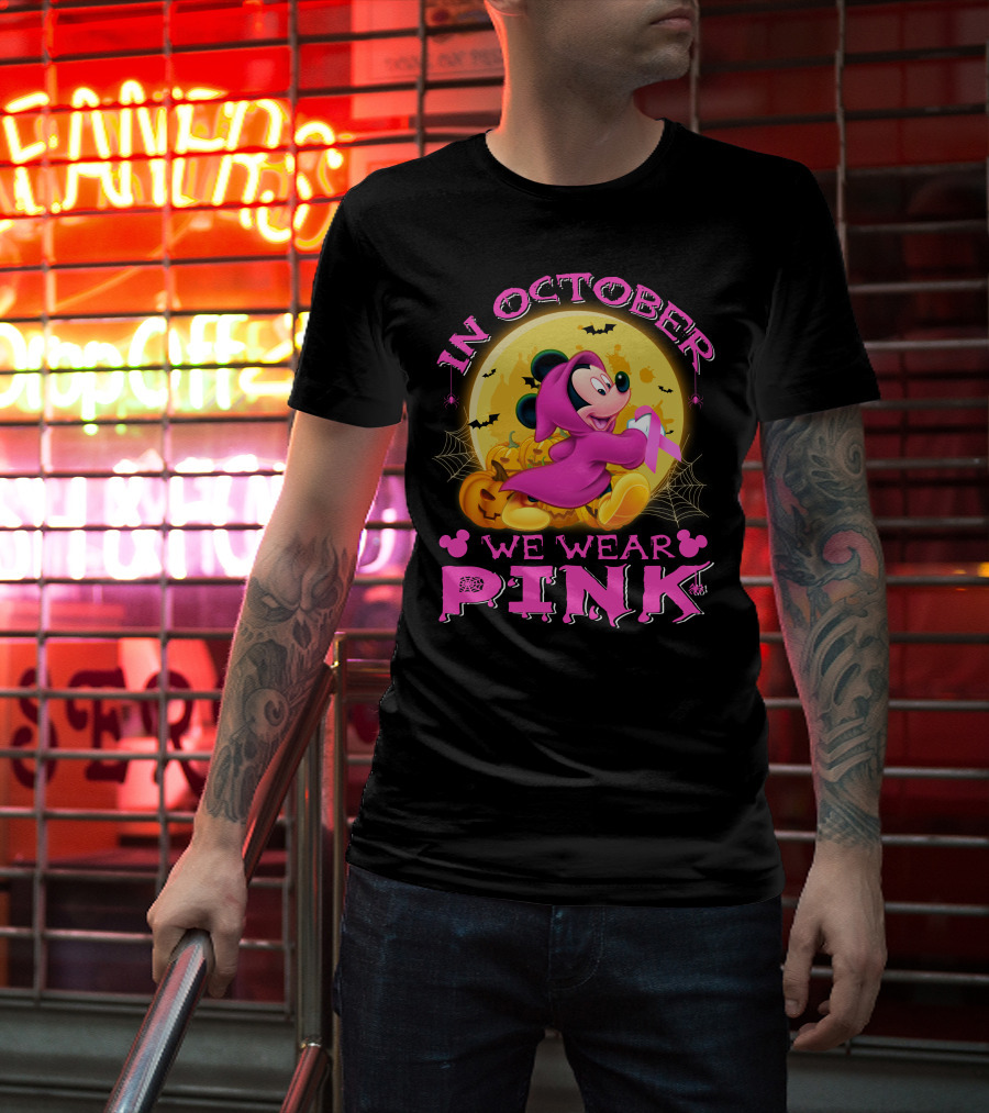 In October We Wear Pink Mickey Mouse Halloween Pumpkin Bats T-Shirt