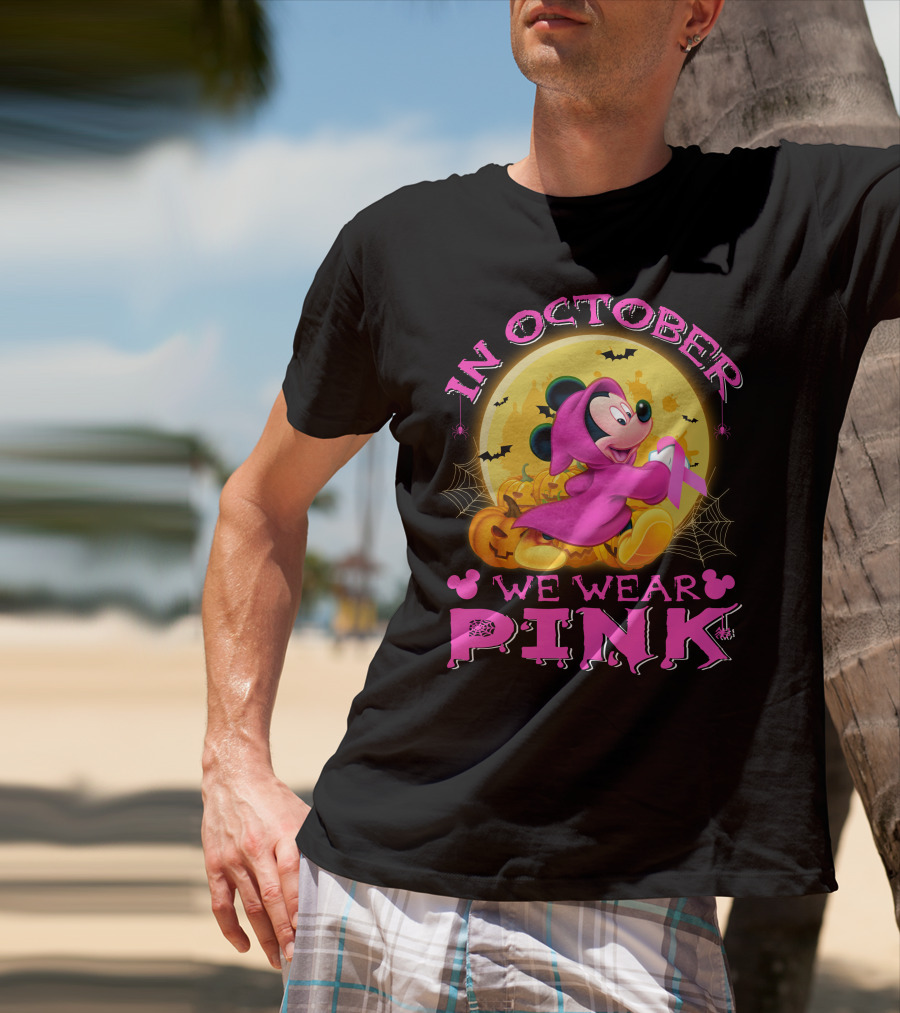 In October We Wear Pink Mickey Mouse Halloween Pumpkin Bats T-Shirt