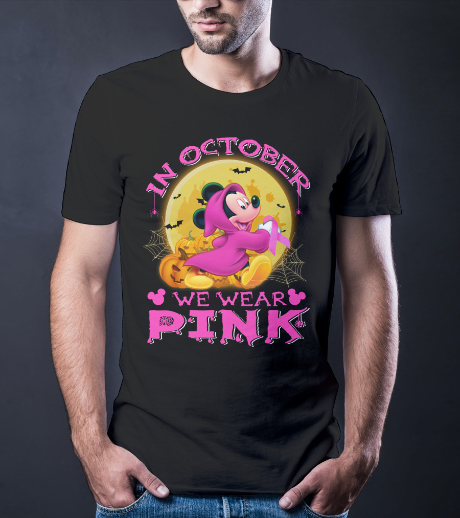 In October We Wear Pink Mickey Mouse Halloween Pumpkin Bats T-Shirt