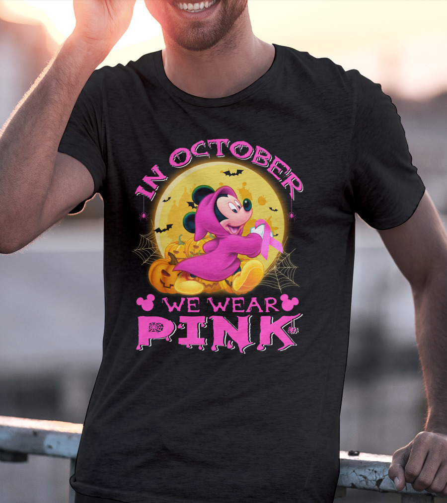 In October We Wear Pink Mickey Mouse Halloween Pumpkin Bats T-Shirt
