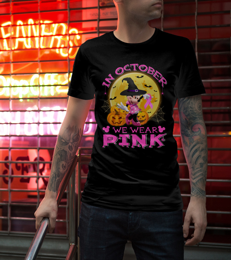 Minnie In October We Wear Pink Halloween Pumpkins Bats T-Shirt