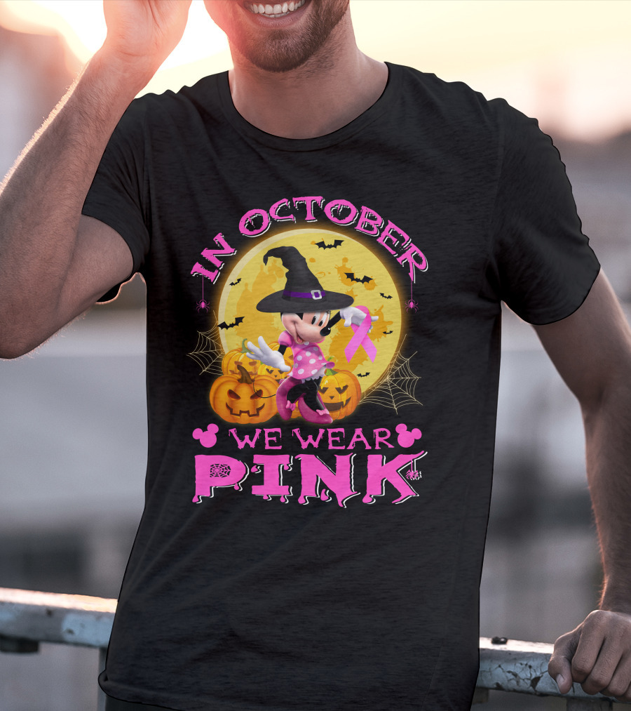 Minnie In October We Wear Pink Halloween Pumpkins Bats T-Shirt