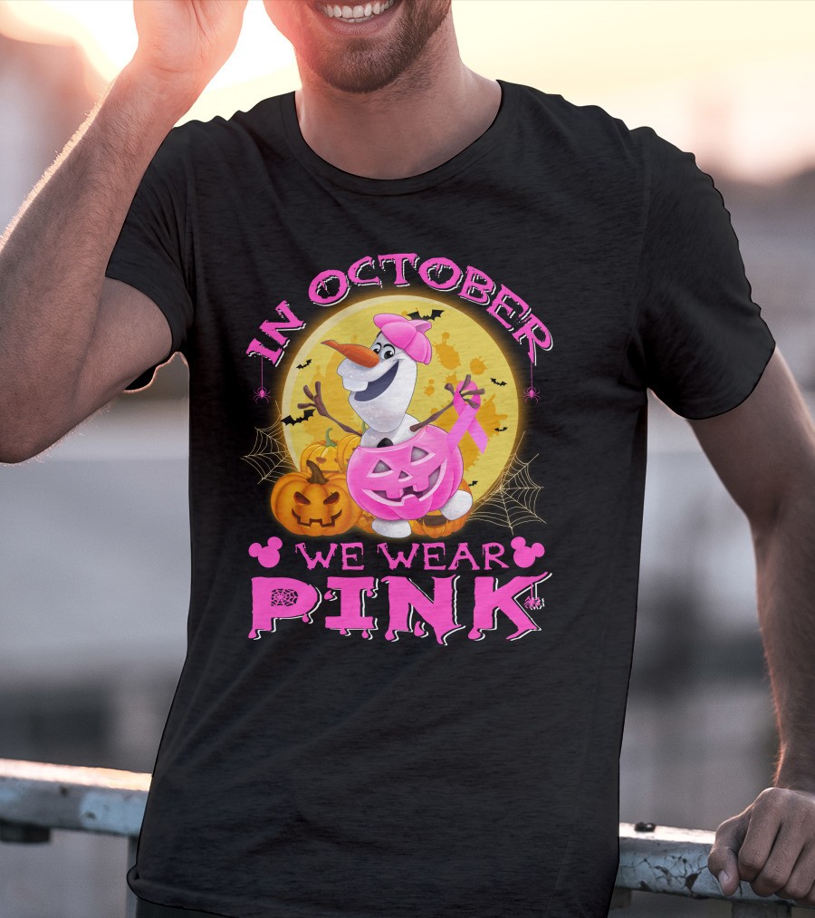 In October We Wear Pink Olaf Halloween Pumpkins And Bats T-Shirt