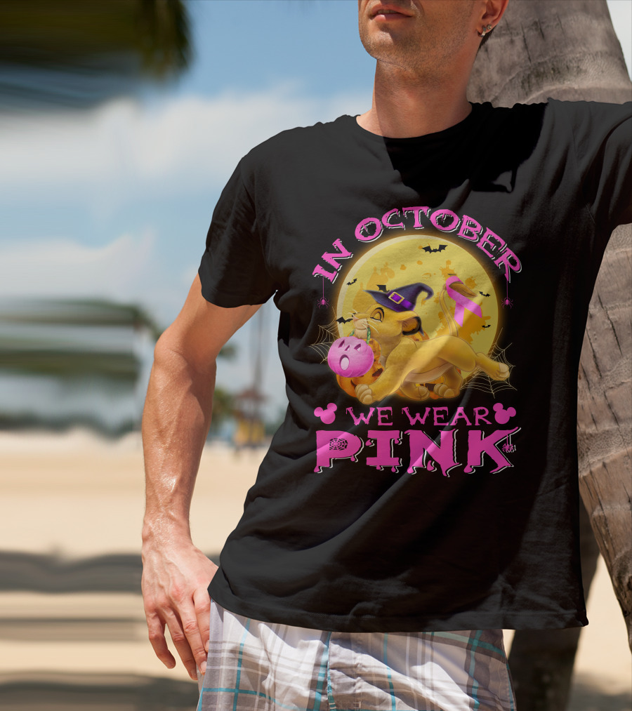 In October We Wear Pink Simba Halloween Breast Cancer Awareness T-Shirt