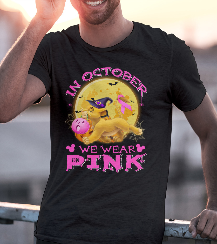 In October We Wear Pink Simba Halloween Breast Cancer Awareness T-Shirt