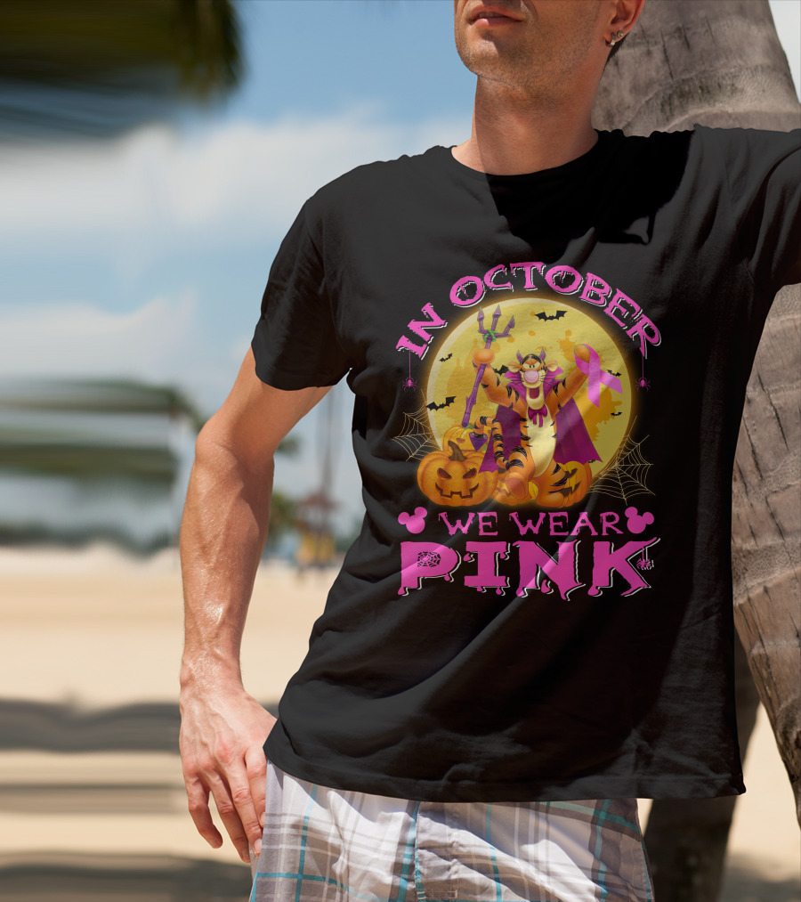 In October We Wear Pink Tigger Halloween Pumpkins Bats T-Shirt