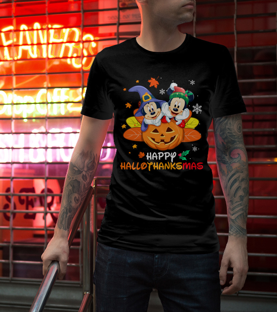 Happy Hallothanksmas Mickey Minnie Jack-O'-Lantern Holly Snowflakes Leaves T-Shirt