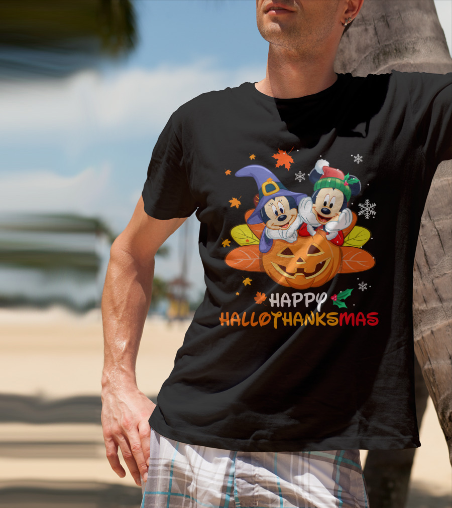 Happy Hallothanksmas Mickey Minnie Jack-O'-Lantern Holly Snowflakes Leaves T-Shirt