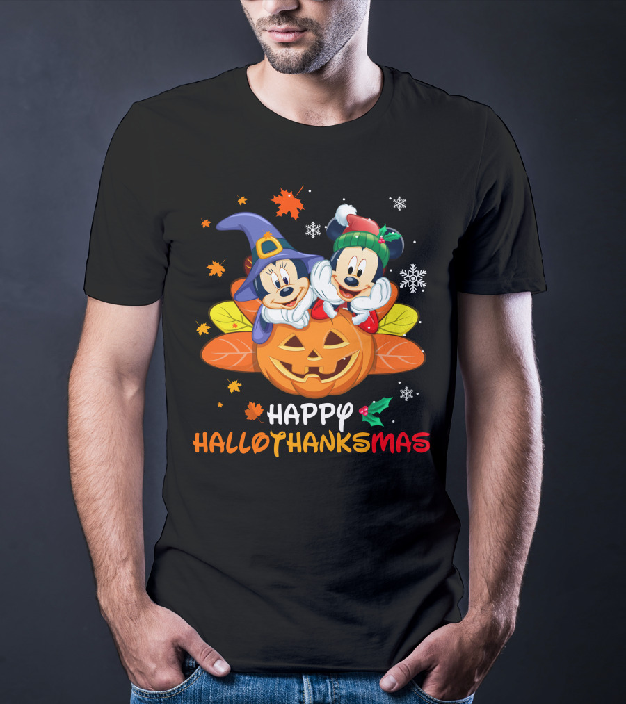 Happy Hallothanksmas Mickey Minnie Jack-O'-Lantern Holly Snowflakes Leaves T-Shirt