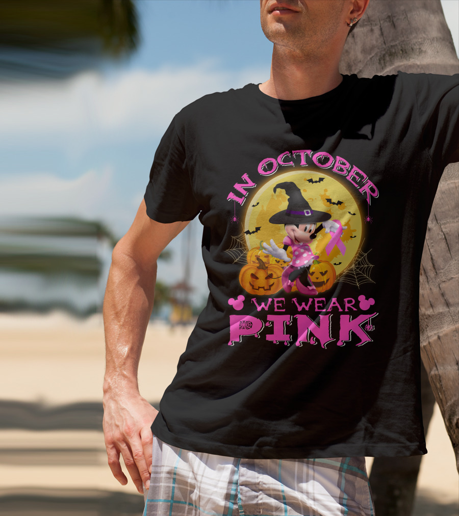 In October We Wear Pink Minnie Halloween Breast Cancer Awareness T-Shirt