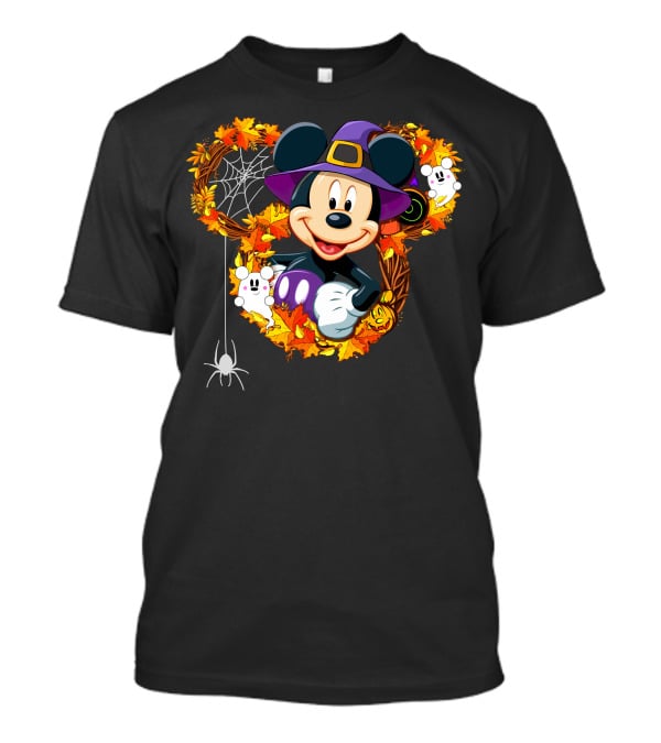 Mickey Halloween Wreath Witch Hat Spiderweb Ghosts Pumpkins Leaves T-Shirt