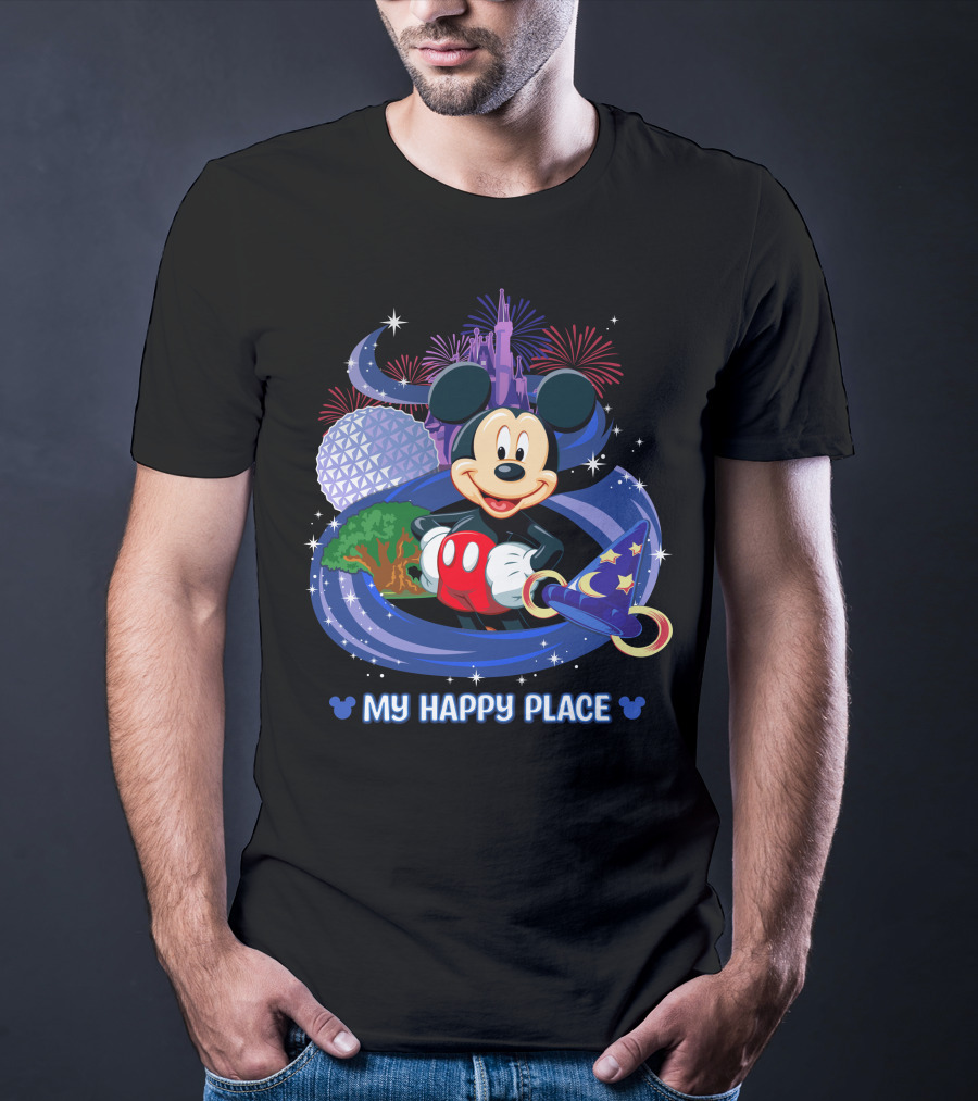 Mickey My Happy Place Disney Castle Fireworks Sorcerer's Hat T-Shirt