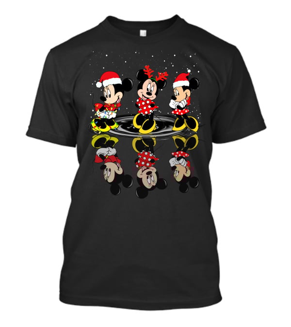 Minnie Mickey Christmas Reflections In Santa Hats And Holiday Outfits T-Shirt