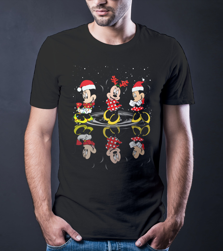 Minnie Mickey Christmas Reflections In Santa Hats And Holiday Outfits T-Shirt