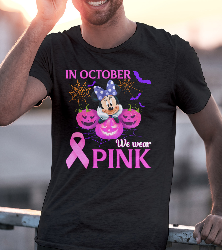 In October We Wear Pink Minnie Bow Pumpkins Ribbon Bats Halloween T-Shirt