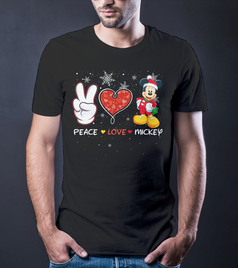 Peace Love Mickey Christmas Holiday Snowflakes Santa Hat T-Shirt