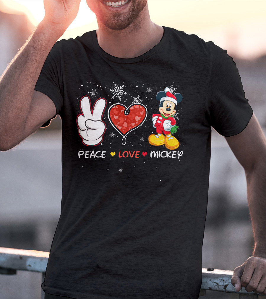 Peace Love Mickey Christmas Holiday Snowflakes Santa Hat T-Shirt