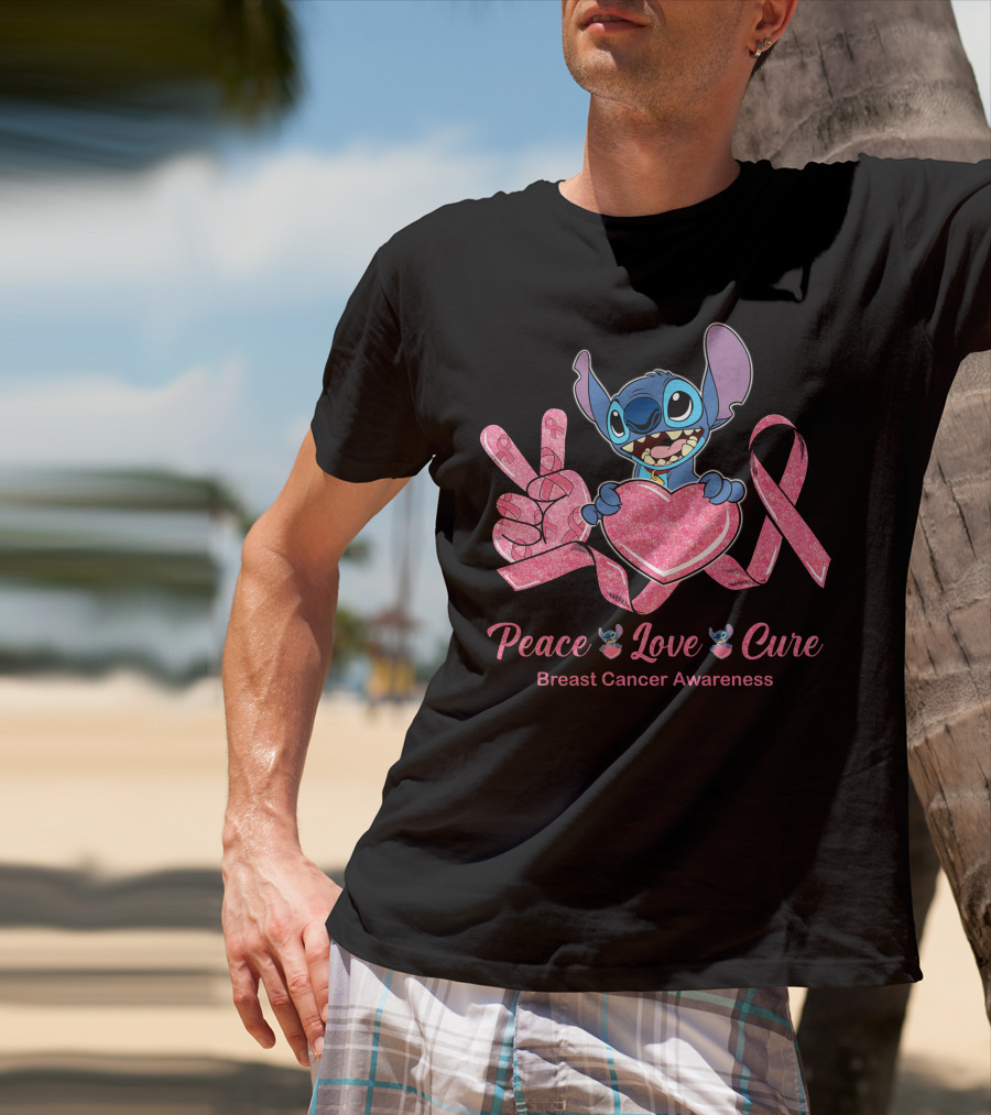 Peace Love Cure Breast Cancer Awareness Stitch T-Shirt