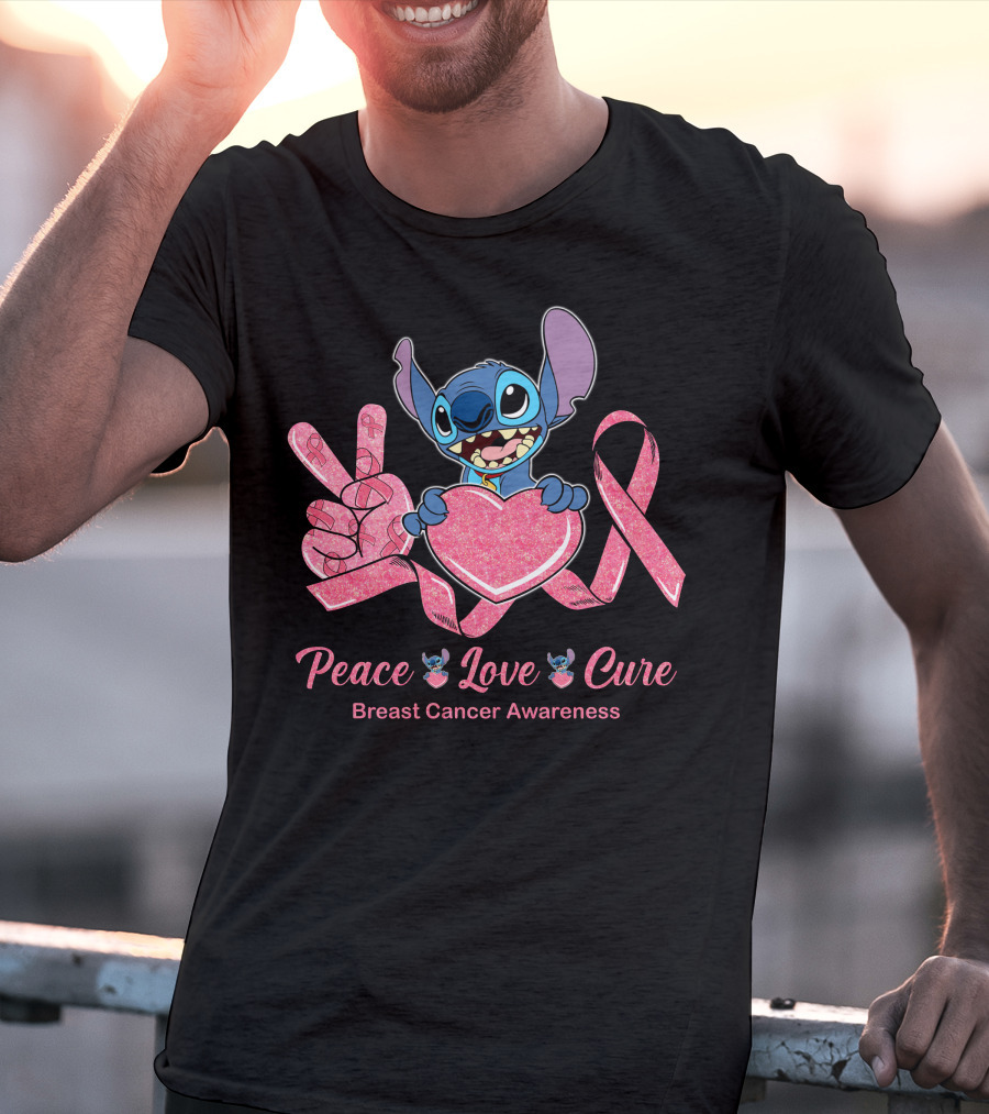 Peace Love Cure Breast Cancer Awareness Stitch T-Shirt