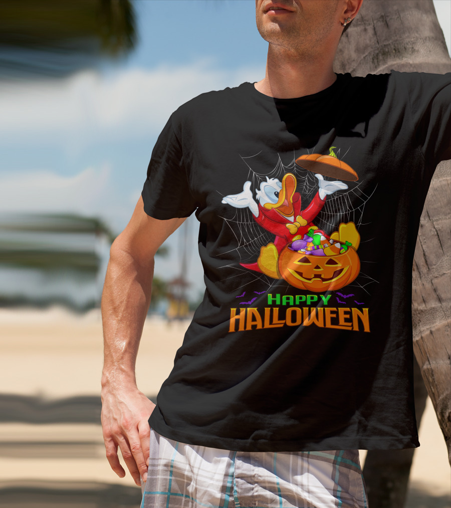 Happy Halloween Donald Duck In Pumpkin Suit With Candy And Spiderweb T-Shirt