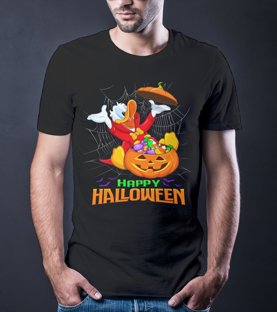 Happy Halloween Donald Duck In Pumpkin Suit With Candy And Spiderweb T-Shirt